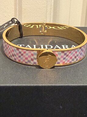 TALIDARA NWT Pink Purple Checkered Enamel Hinged Bangle Bracelet Gold Tone Bird